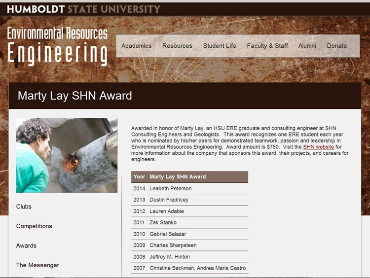 Screenshot from Humboldt State University describing the Marty Lay SHN Award