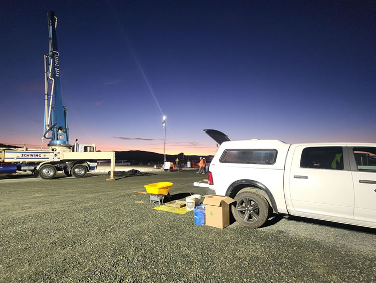 SHN materials testing staff were on-call, often coming to the site in early morning hours (3 am) because this was the least windy part of the day, when operations of pump truck tall booms were safest.