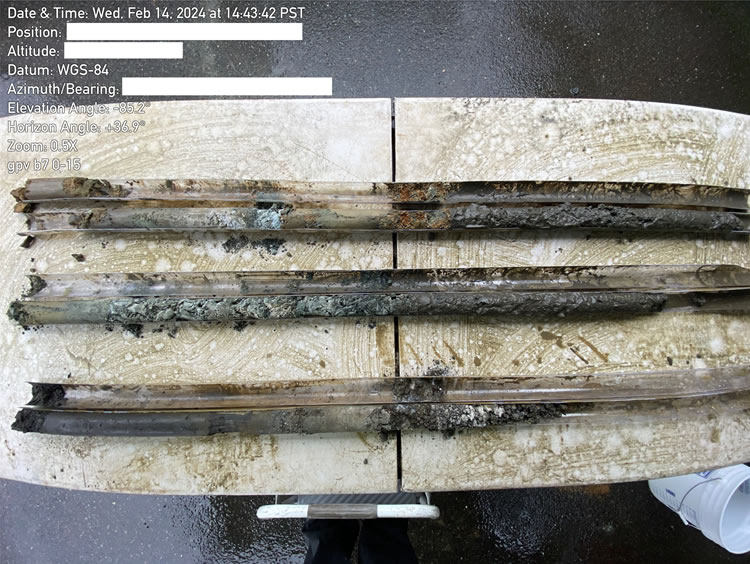Soil cores from the Geoprobe borings. Hydrocarbon release is visually evident.