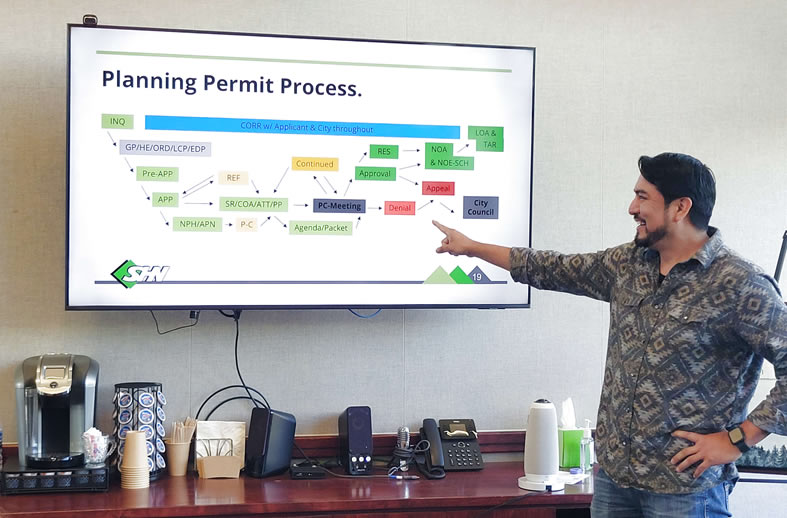 Planner Ethan “Red Eagle” Lawton explaining a permitting process.