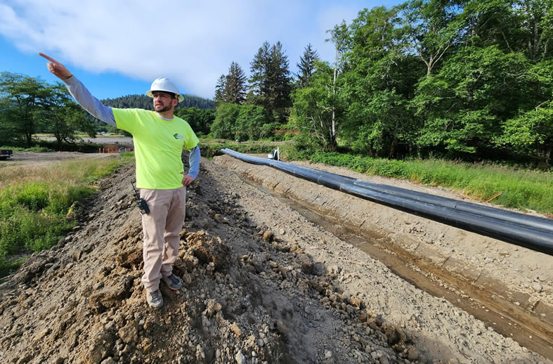 Civil engineer Mike Malone observing construction for the restoration of Prairie Creek, Orick, California.